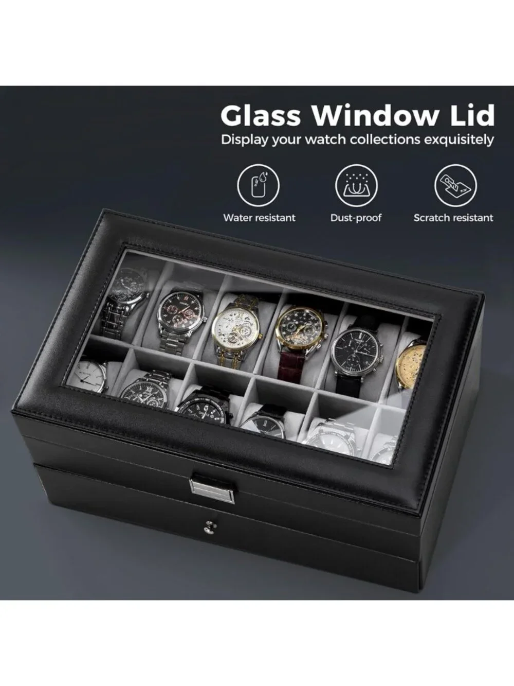 12-Slot Men's Watch Box Organizer with Drawer & Glass Lid - Jewelry Storage Gift